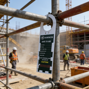 Scaffold tag holder in use on a construction site Singapore - Siang Heng