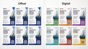 Digital vs offset printing comparison - offset prints identical copies while digital printing personalises each piece with different names and QR codes, by Siang Heng