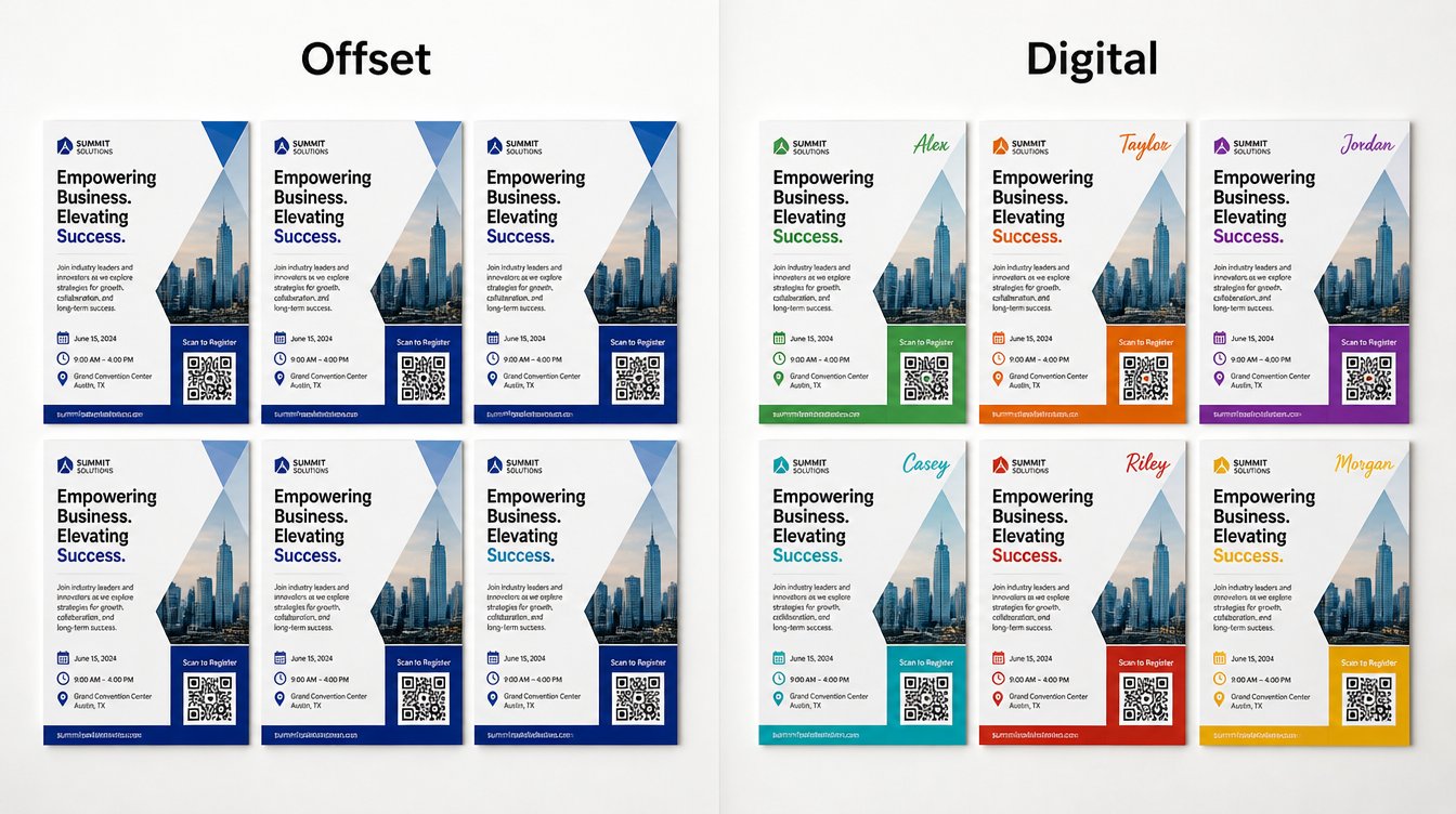 Digital vs offset printing comparison - offset prints identical copies while digital printing personalises each piece with different names and QR codes, by Siang Heng