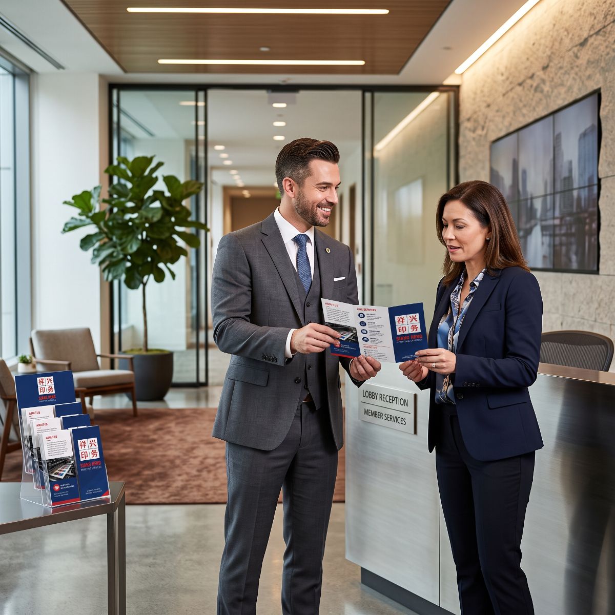 Business professionals reviewing an offset brochure printing sample by Siang Heng in a lobby
