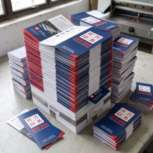 Stacks of offset brochure printing samples by Siang Heng Printing Services Singapore