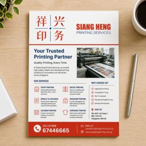 Offset flyer printing sample on desk showing Siang Heng Printing Services branding