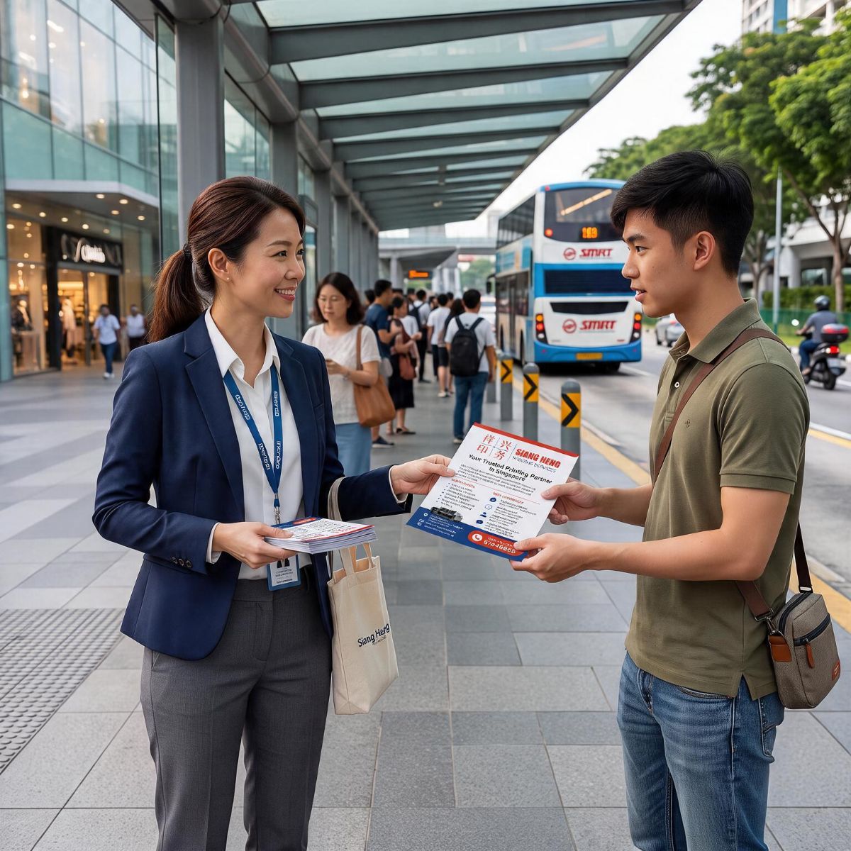 Siang Heng representative handing out offset flyer printing sample at a Singapore bus stop