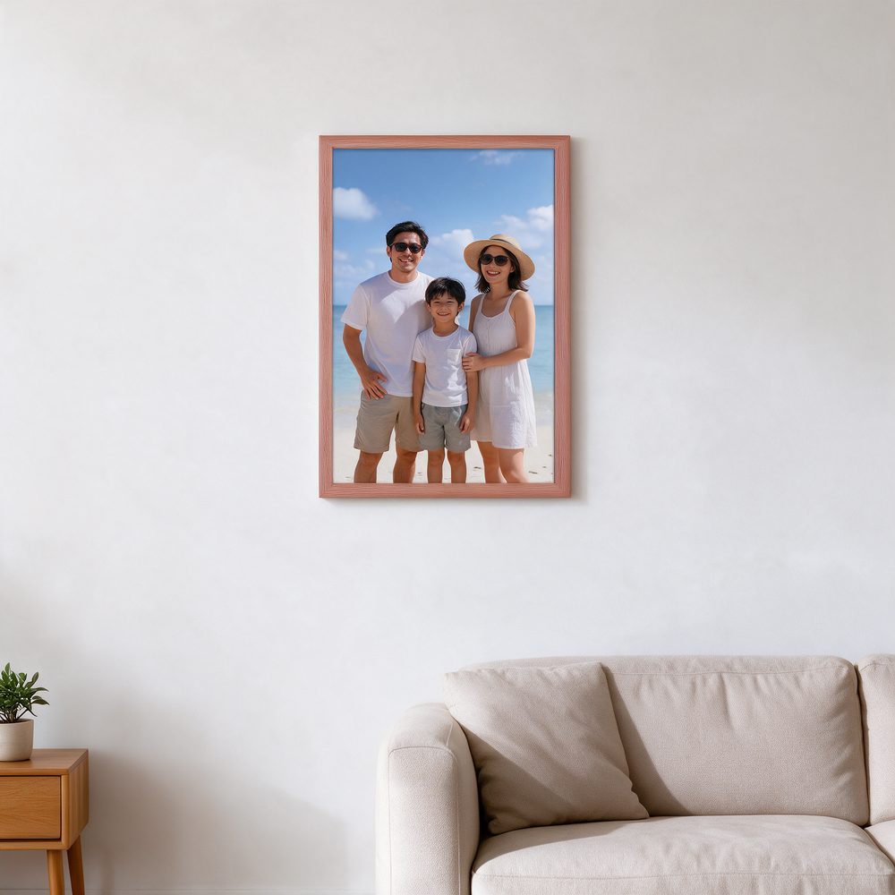Wooden aluminium snap frame with family photo in living room - aluminium snap frame printing Singapore - Siang Heng Printing Services Singapore
