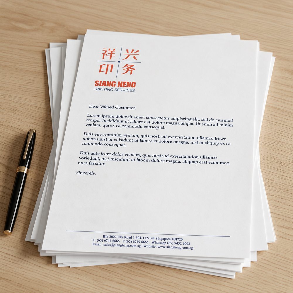 Digital letterhead printing Singapore - stack of A4 company letterheads by Siang Heng Printing Services Singapore